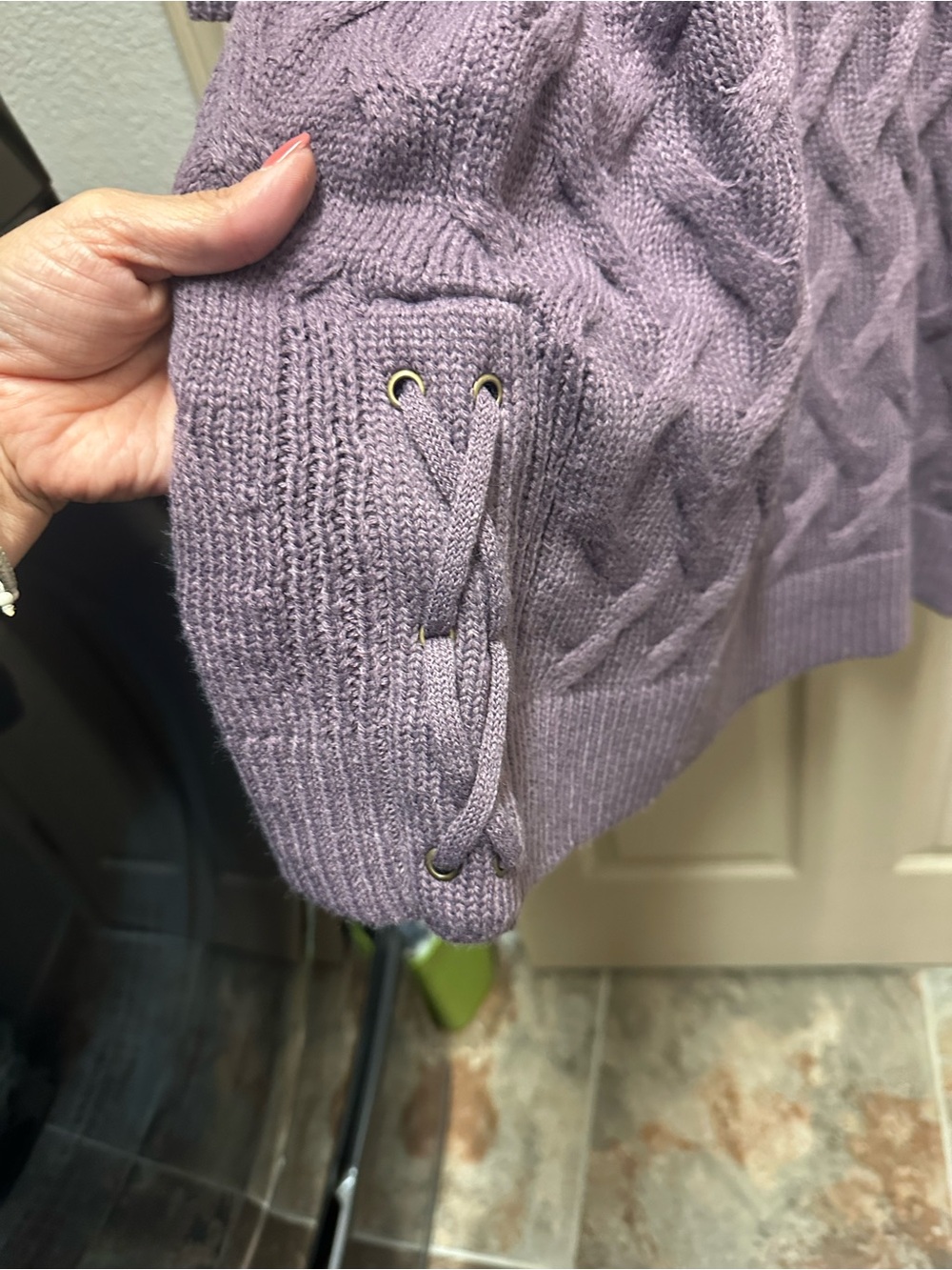 Simply Noelle Lavender Cable Knit Lace-Up V-Neck Sweater - Picture 3 of 5